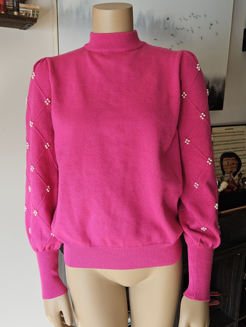 Nanette Lepore Bright Hot Pink Pearl Sleve  Mock Neck Sweater Elle Woods S Twee